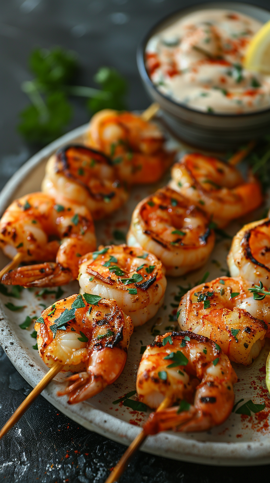 Skewers of grilled shrimp with a side of dipping sauce on a plate.