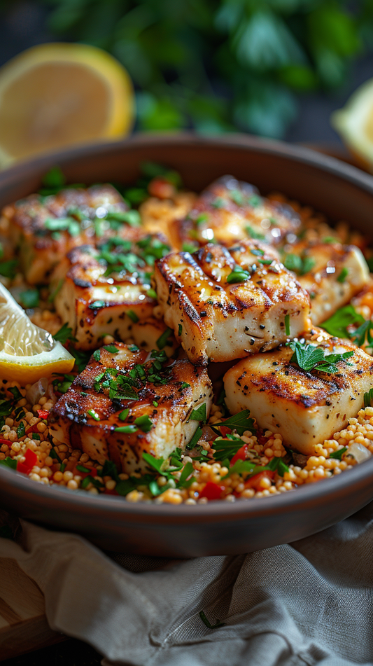 Grilled halloumi and couscous salad stock photo fro creators