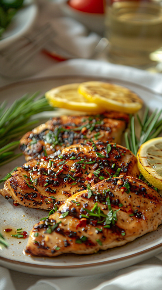 Grilled chicken with lemon slices and herbs on a plate stock photos for creators