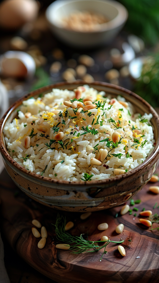 Bowl of rice with pine nuts and herbs on a wooden surface stock photos