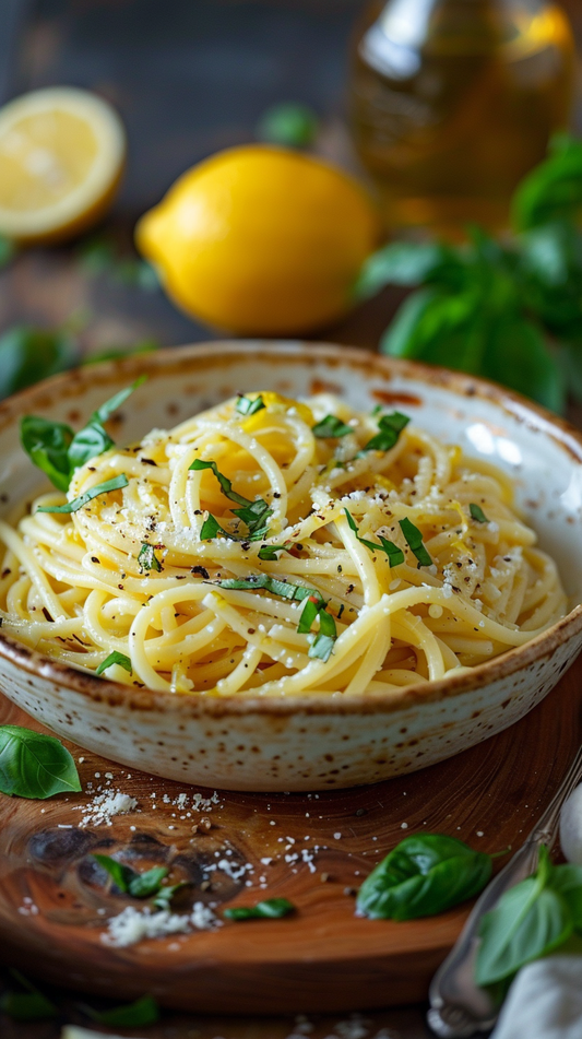 Bowl of spaghetti with lemon and basil on a wooden surface food stock photography