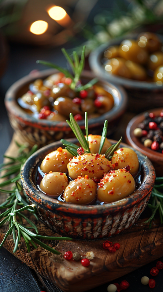 Small bowl of marinated olives with red pepper flakes on a wooden board with rosemary.