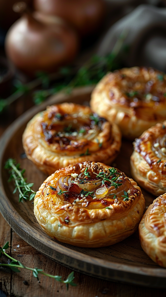 Mini caramelized onion tartlets on  wood plate stock photo for creators