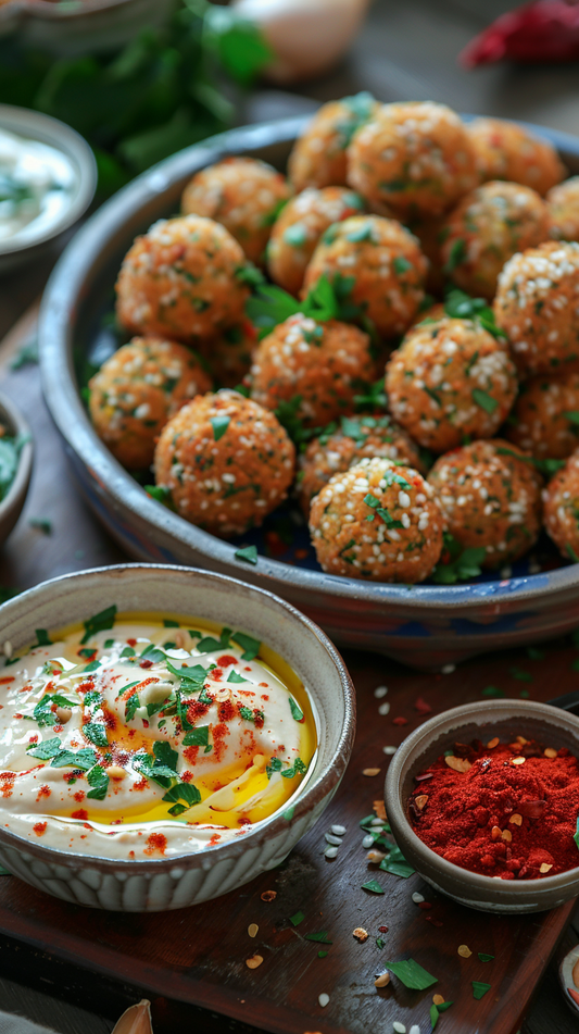 Mini falafel balls with yogurt sauce stock photos