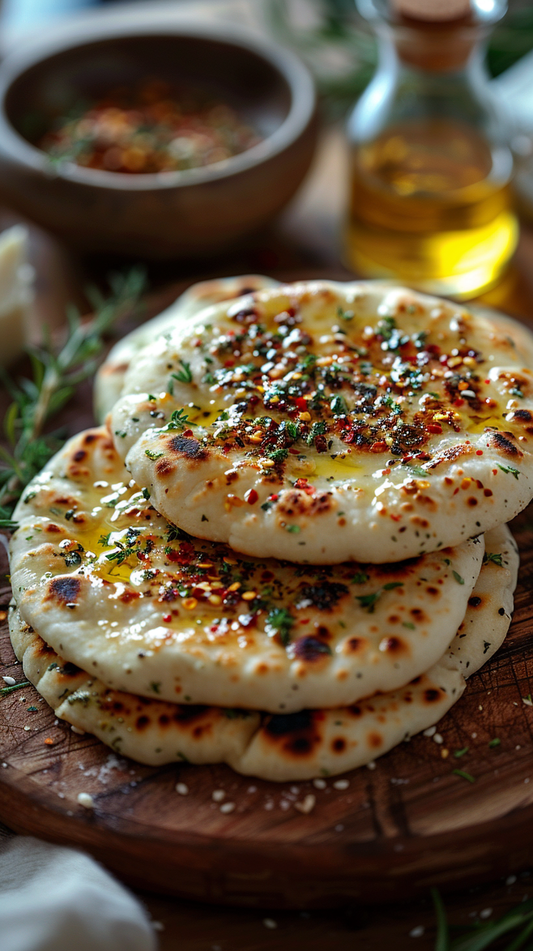 mini flatbreads with labneh and zaatar stock photo for creators