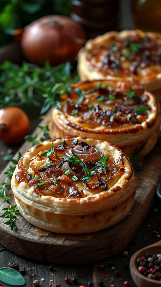 Three small onion tarts on a wooden board with herbs and onions in the background. stock photo for creators