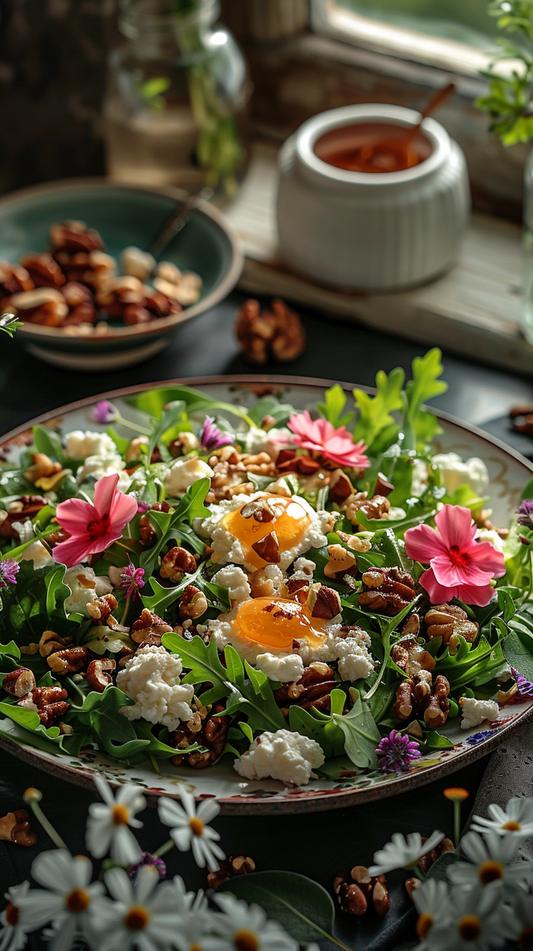 Colorful salad with flowers and nuts on a plate, set on a table with a bowl of nuts and a window in the background. stock photos fro creators
