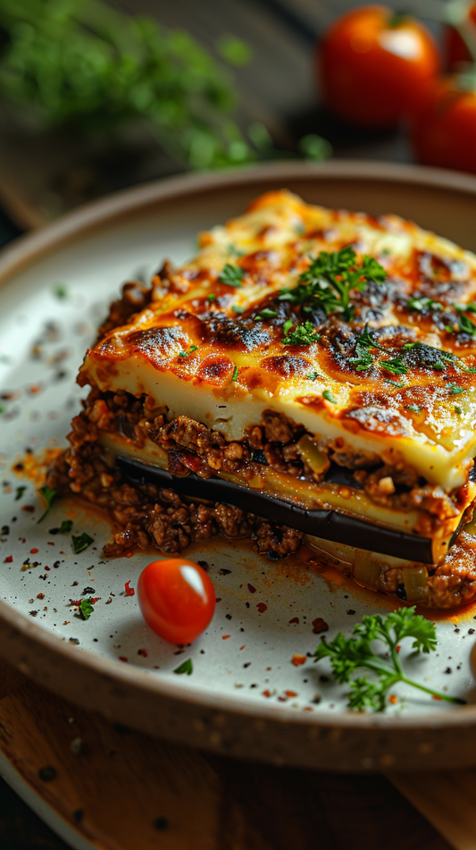 Moussaka with layers of eggplant on  ceramic plate stock photo for creators