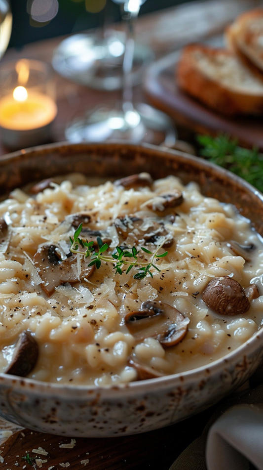 Bowl of creamy mushroom risotto with a candlelit background stock photos for creators