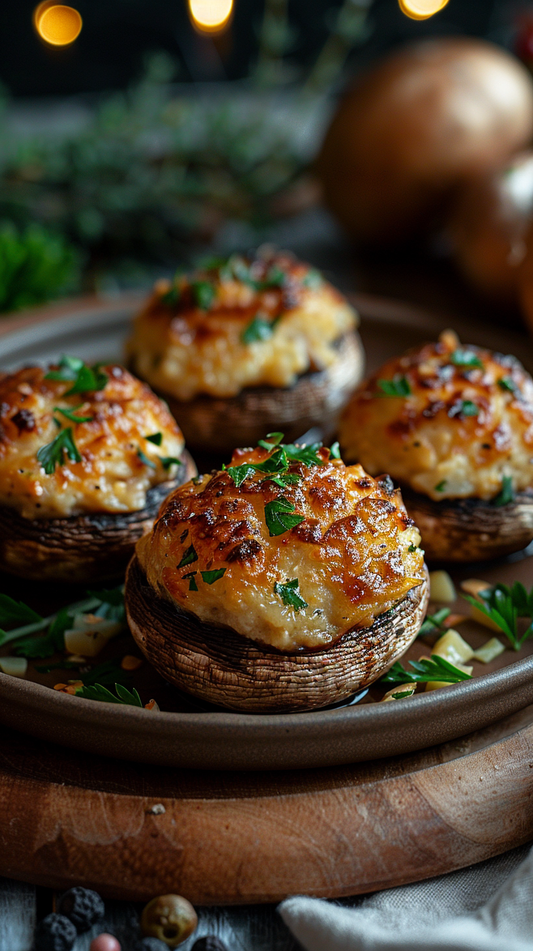 Stuffed mushrooms on a wooden plate with a blurred background stock photos for creators