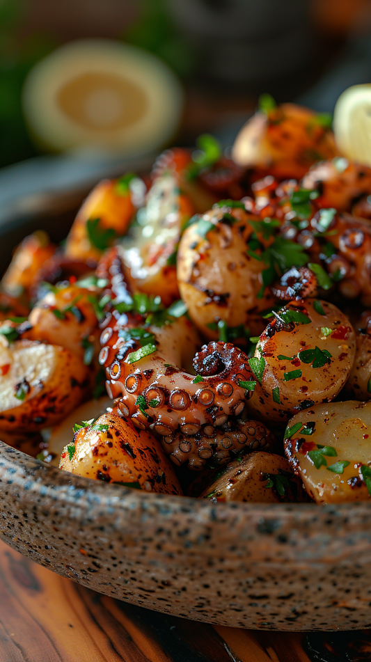 Grilled octopus and potato salad stock photos