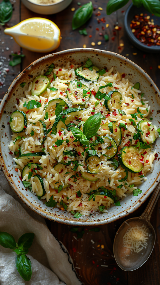 Platter of zucchini and orzo dish with garnishes on a wooden surface stock photo for creators 