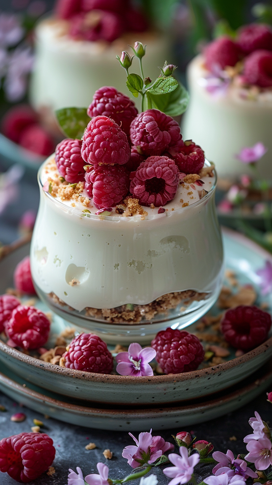 Small dessert with raspberries and a floral garnish on a dark surface stock photos for creators