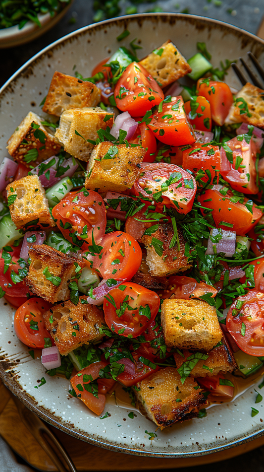 Tomato and crouton salad on a plate with a fork stock photo for creators