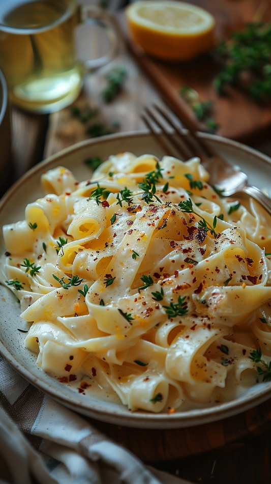 Plate of pasta with herbs and pepper on a wooden table with a glass of white wine and lemon. stock photos food