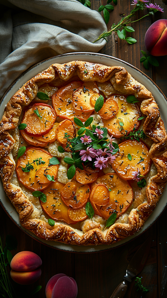 Peach galette with fresh peaches and herbs on a wooden surface stock photo for creators