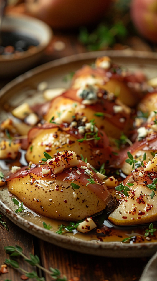 Plated dish of baked pears with bacon and herbs on a wooden table. stock photos for creaotrs