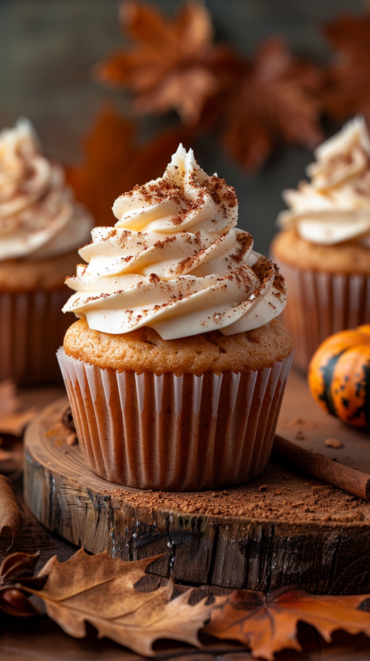 Cupcake with cream cheese frosting on a wooden stand with autumn leaves and pumpkins. stock photos for creators