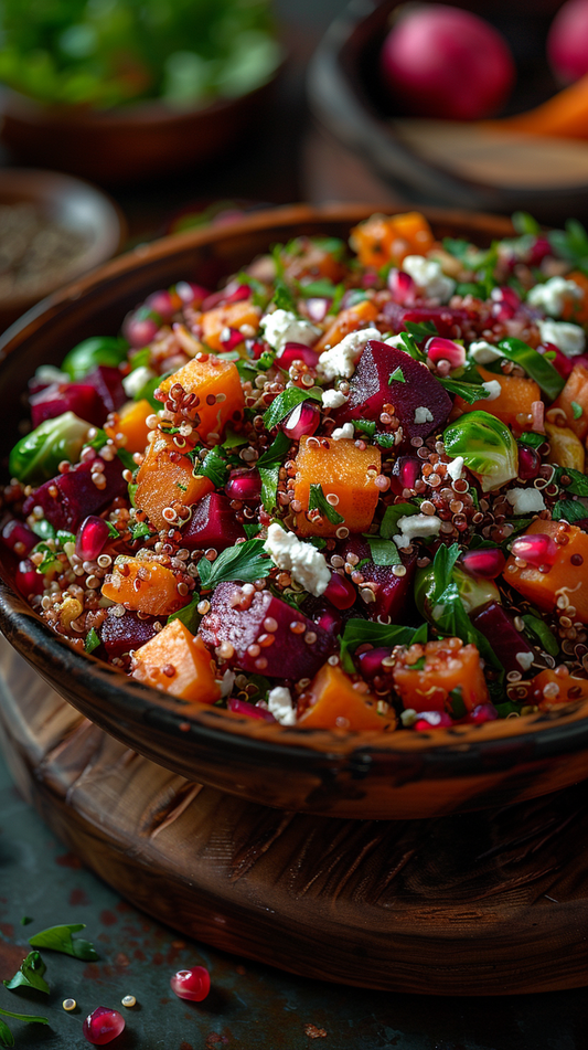 Quinoa salad and roasted beets on wood bowl stock photos for creators
