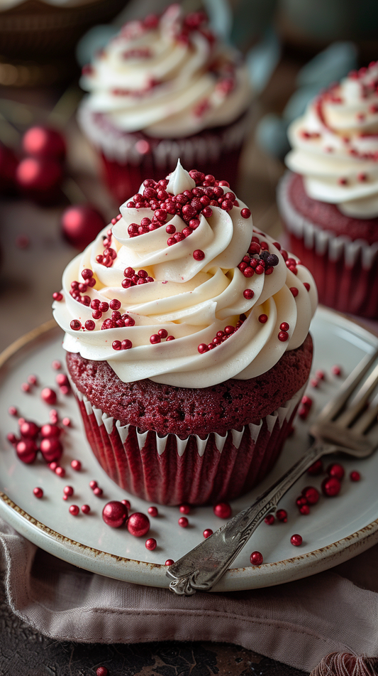 Red velvet cupcake with white frosting and red sprinkles on a plate with a fork.