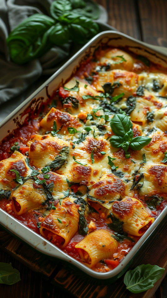 ricotta stuffed pasta shells in baking  dish with basil stock photos for creators
