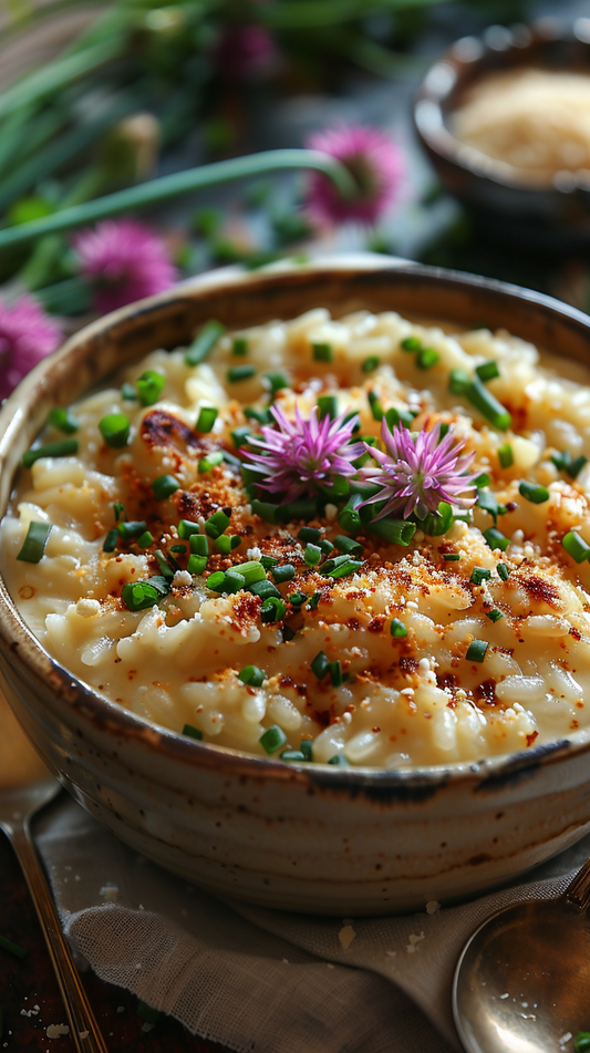Sweet corn risotto with chive flowers stock photo for creators