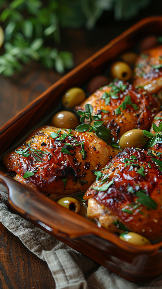 Baked chicken with olives and herbs in a baking dish on a wooden surface.