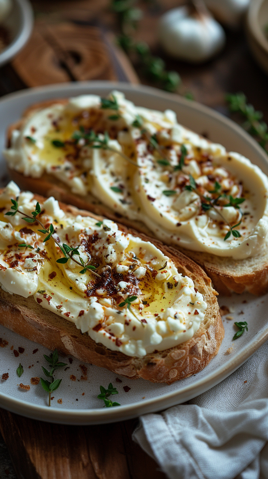 Roast garlic whipped feta on toast stock photos