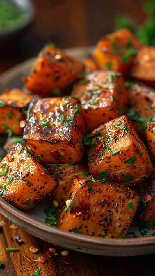 Roasted sweet potatoes with herbs on a plate