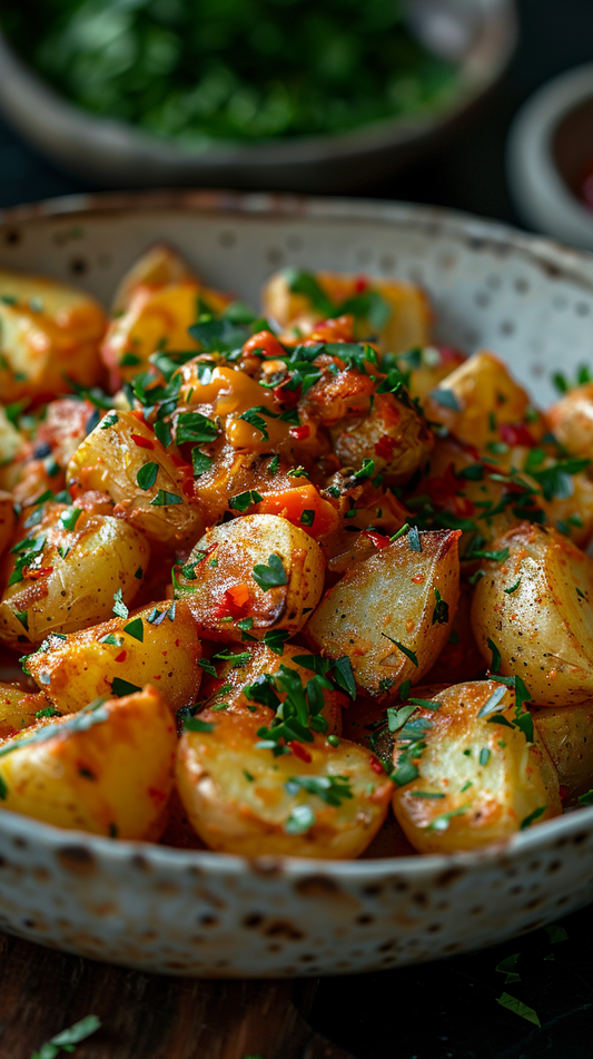 Spicy potato salad with herbs in a bowl on a wooden surface stock photos