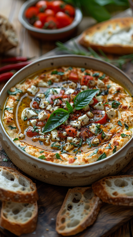 Bowl of roasted red pepper and feta dip with bread slices and cherry tomatoes on a wooden board