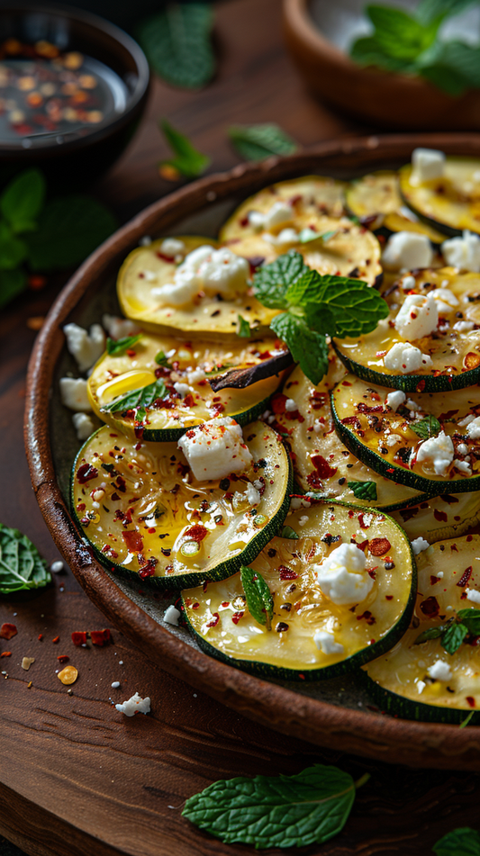 Zucchini salad with feta cheese and mint on a wooden plate stock photos