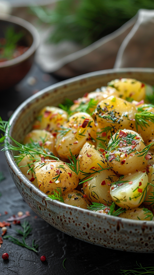 Rustic potato salad with dill in ceramic bowl stock photo