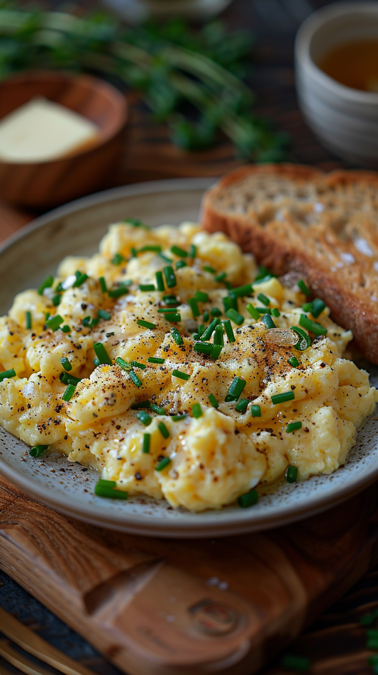 Scrambled eggs with chives on a plate with toast and butter in the background stock photos for creators