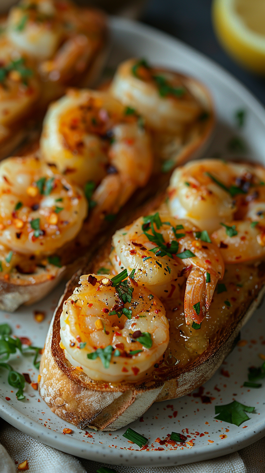 Shrimp on toasted bread with herbs and spices on a plate food stock photos