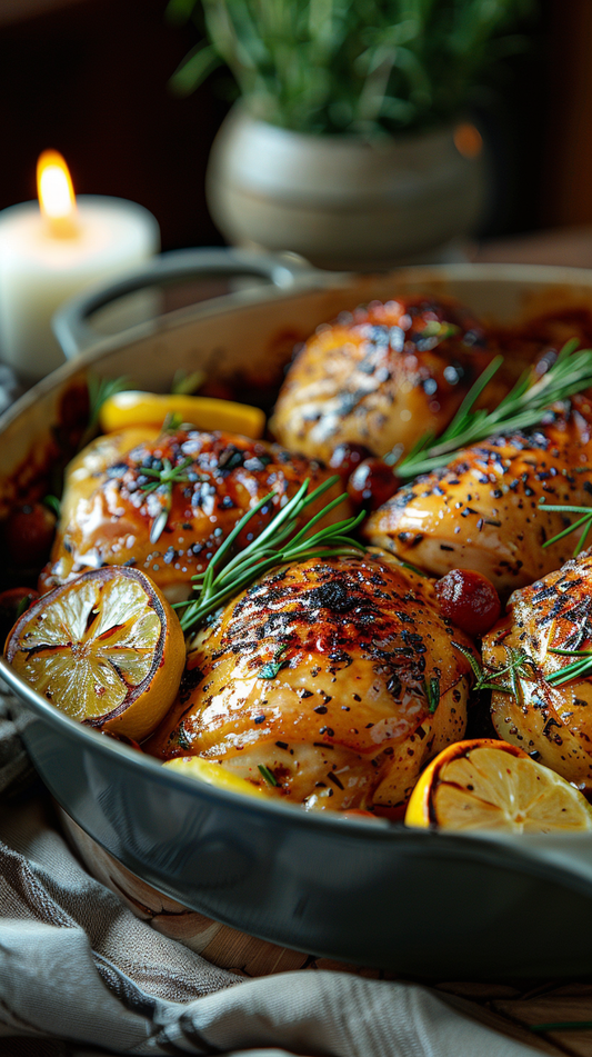 Slow roasted chicken with lemon stock photos