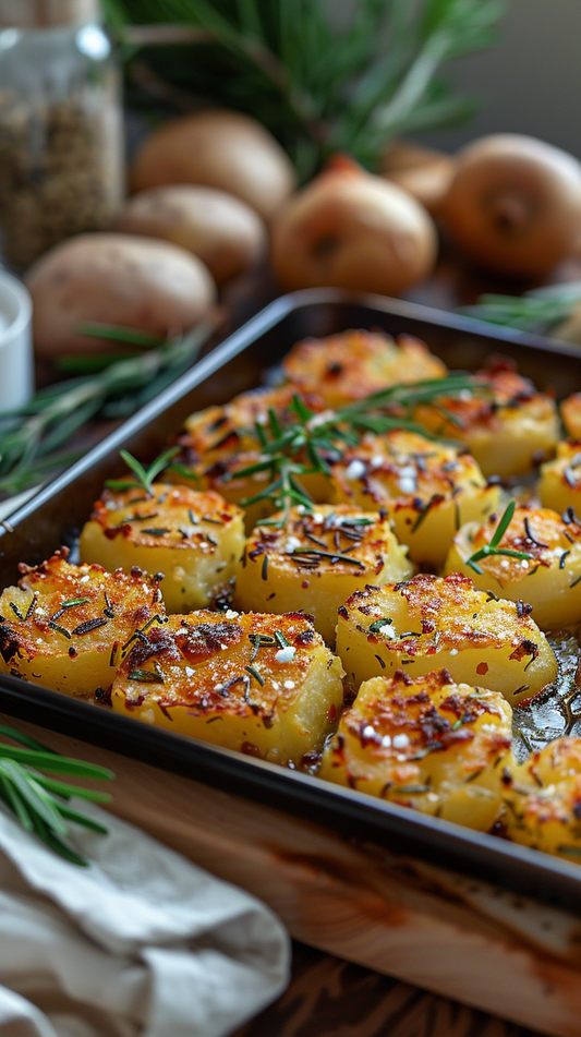 Roasted potatoes with herbs on a baking tray, surrounded by onions and rosemary. food photo image