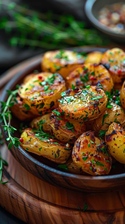 Roasted potatoes on wooden bowl stock photos for creators
