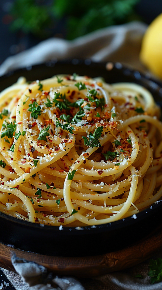 Lemon garlic Spaghetti dish with herbs and parmesan cheese in a dark bowl. stock photos fro creators