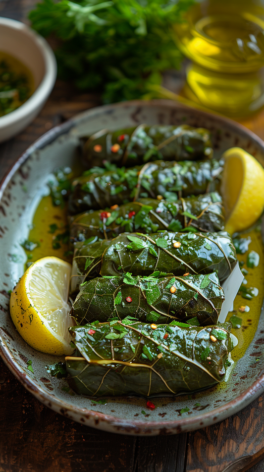 Stuffed grape leaves on a plate with lemon wedges and olive oil in the background stock photos