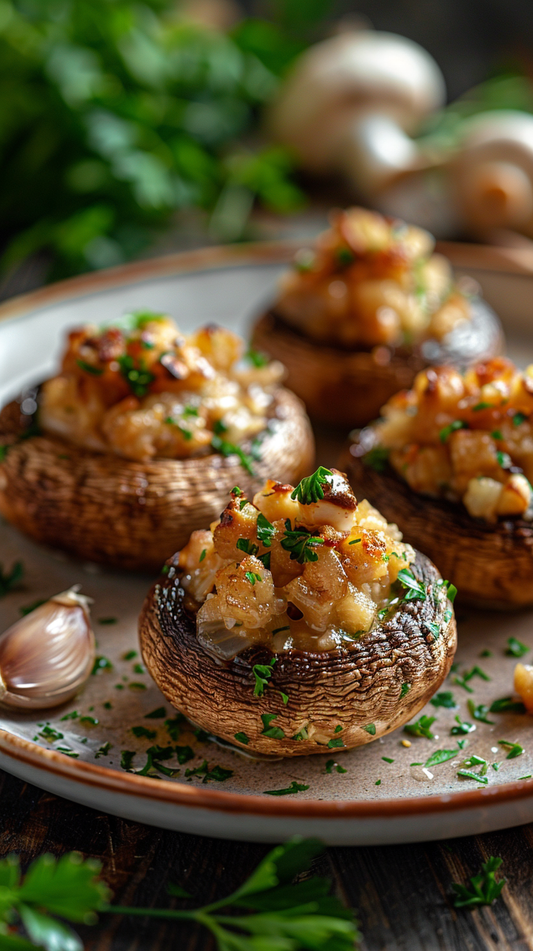 Stuffed mushrooms on a plate with herbs and garlic cloves.