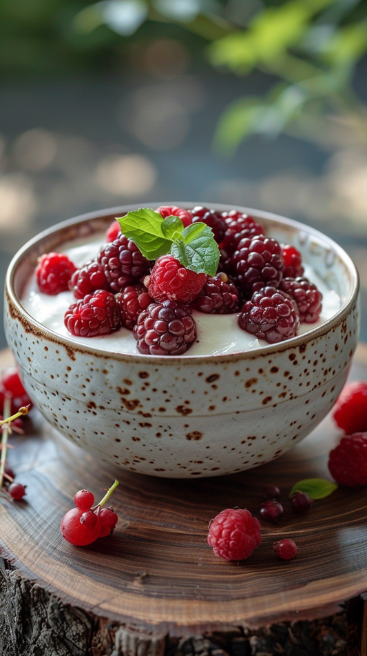 Bowl of yogurt with raspberries on a wooden surface stock photos for creator