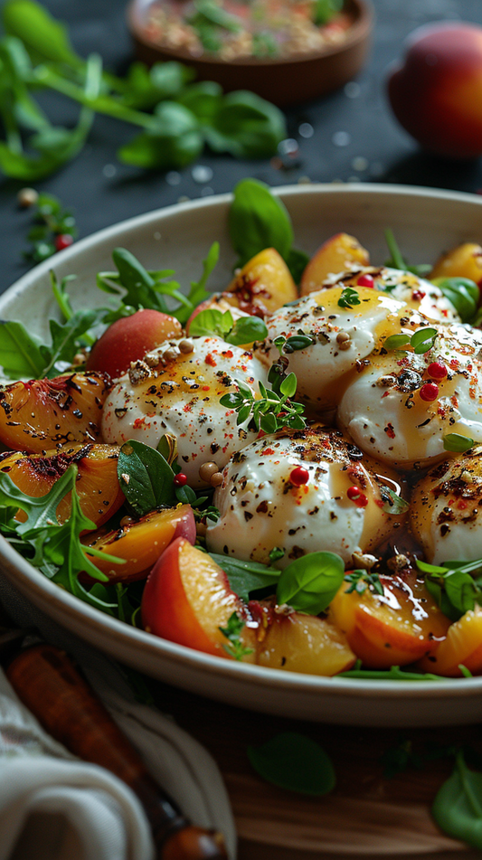 Grilled peach and burrata salad stock photos for creators