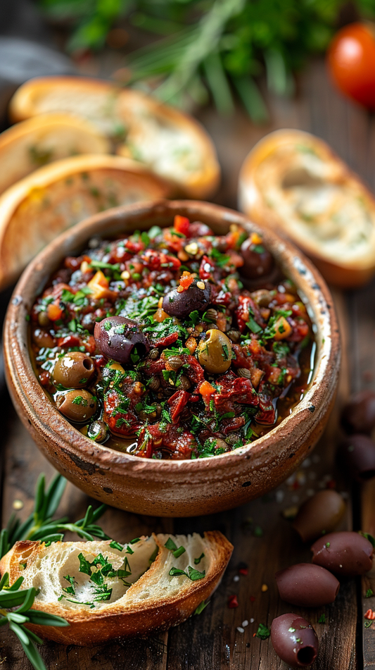 Wooden bowl of olive tapenade with bread slices and olives on a wooden surface