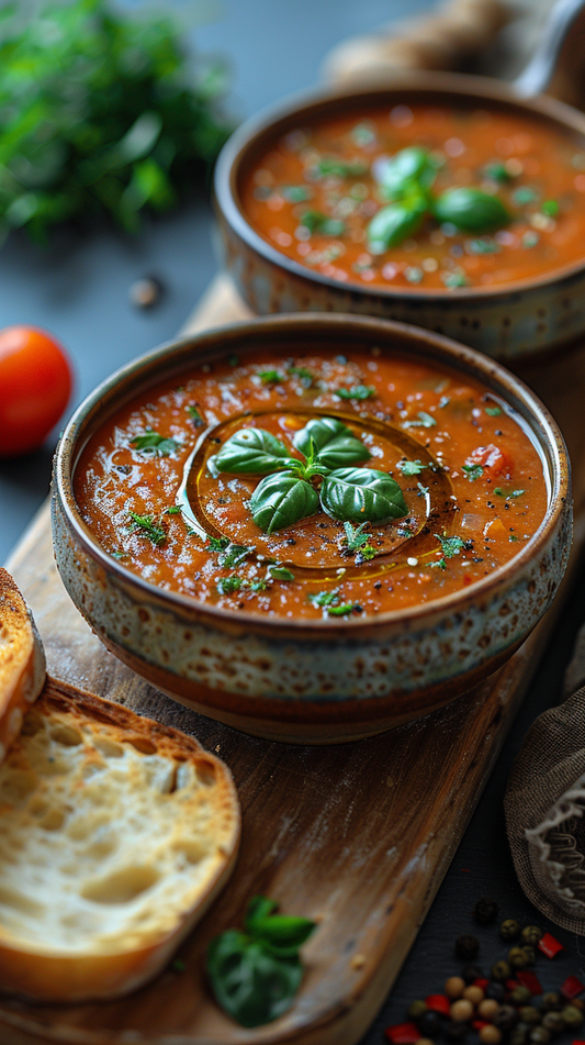 Two bowls of tomato soup with basil leaves on a wooden board with bread slices.