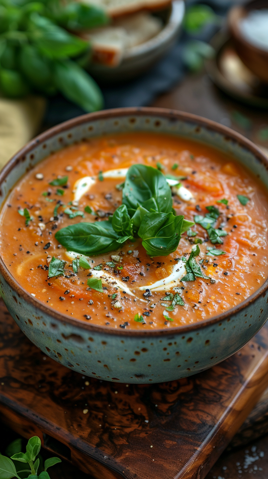  bowl of tomato soup garnished with basil on a wooden table stockphotos
