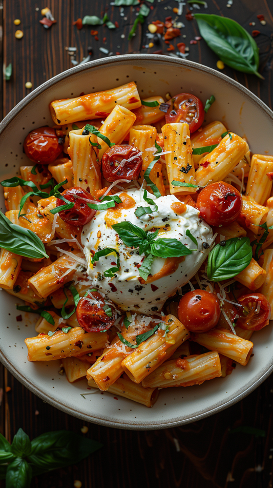 Pasta dish with tomatoes and cheese in a bowl on a wooden surface stock photos for creators