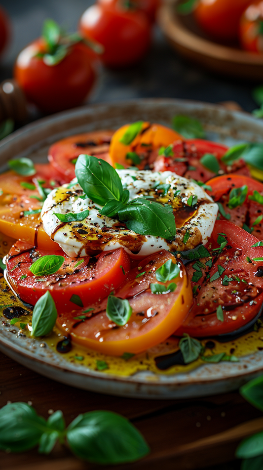 Caprese salad with sliced tomatoes, mozzarella, and basil on a plate.