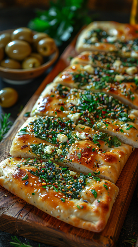 Baked bread topped with herbs and cheese on a wooden board with olives in the background.