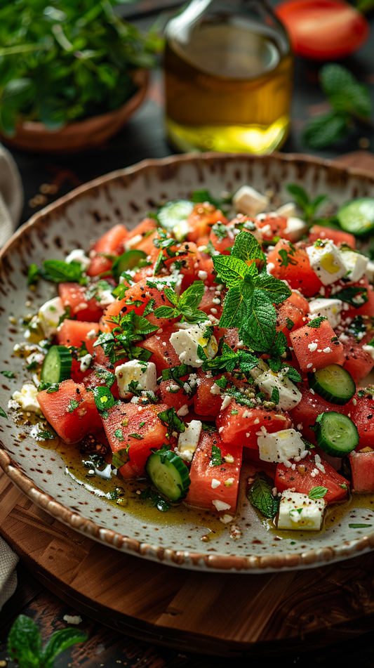 Watermelon salad with feta cheese and mint on a speckled plate, stock photos for creators